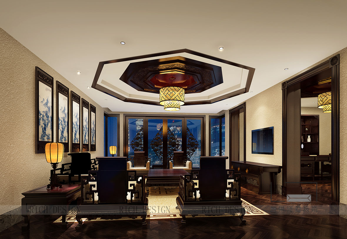 别墅装修中式二楼客厅效果图