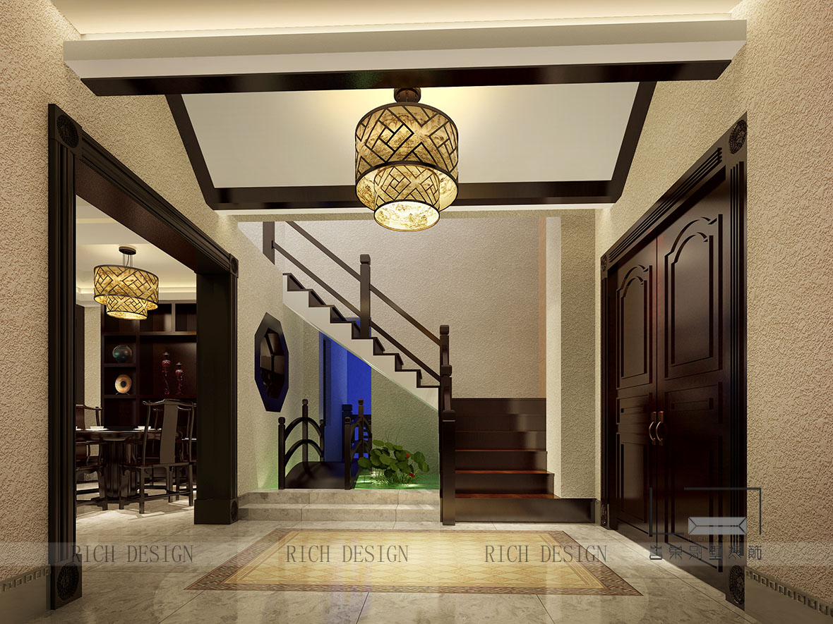 别墅装修中式楼梯间效果图