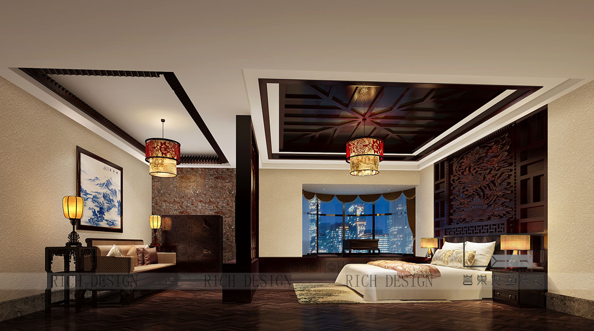 别墅装修中式主人房效果图