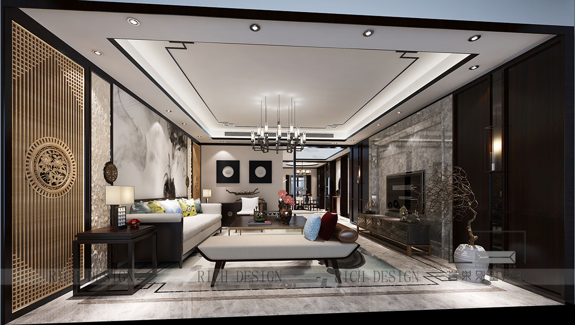 别墅中式客厅装饰效果图