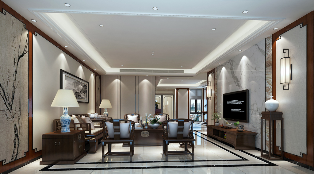 别墅中式客厅装修实景图