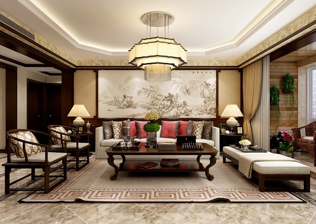 别墅现代中式客厅装修效果图