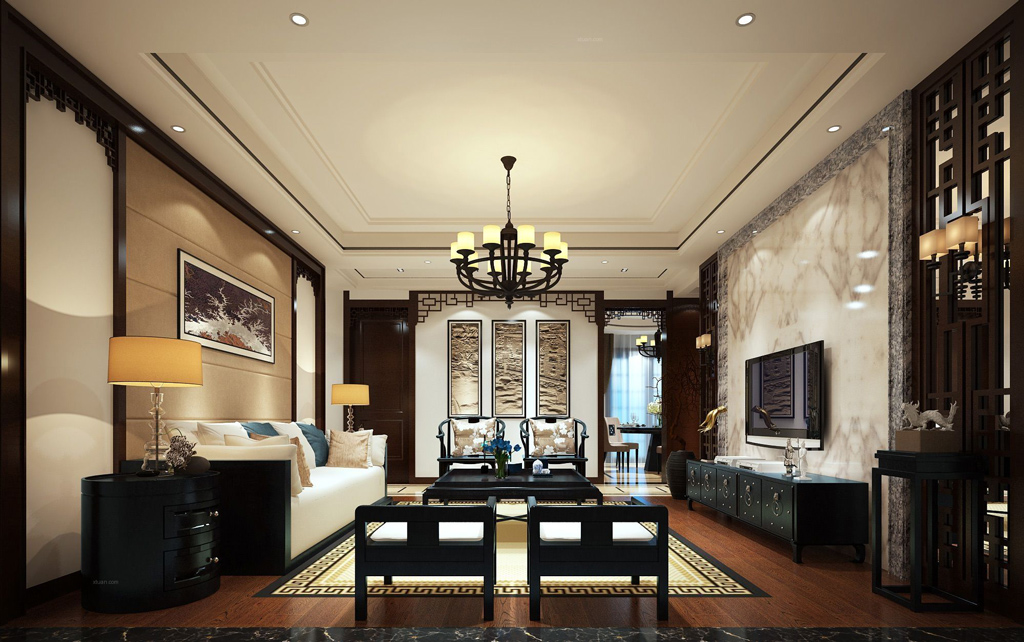 别墅中式客厅软装设计效果图