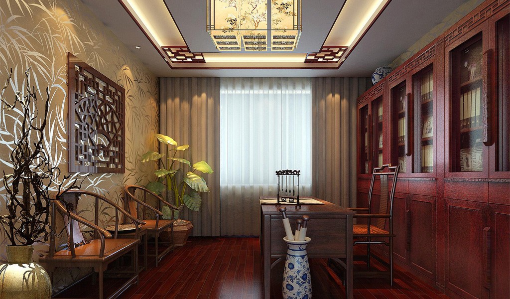 别墅中式书房装饰设计效果图
