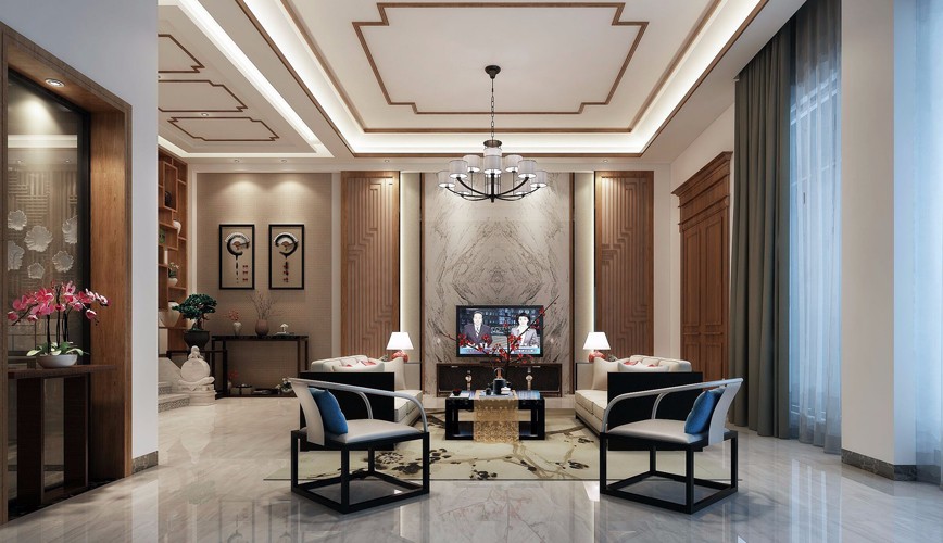 别墅中式客厅装修设计效果图