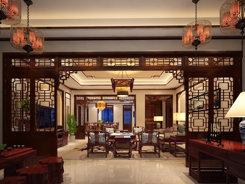 别墅中式客厅装修设计效果图