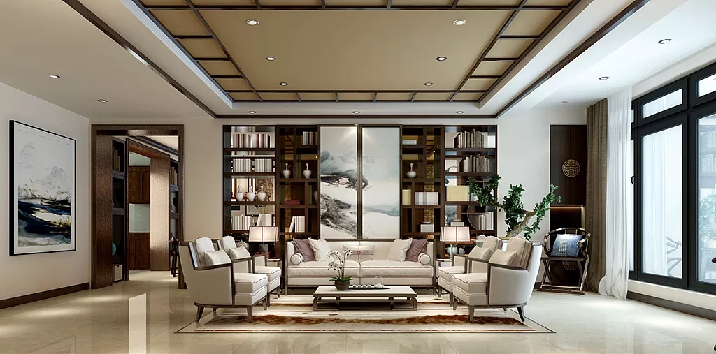 中式别墅会客厅装饰效果图