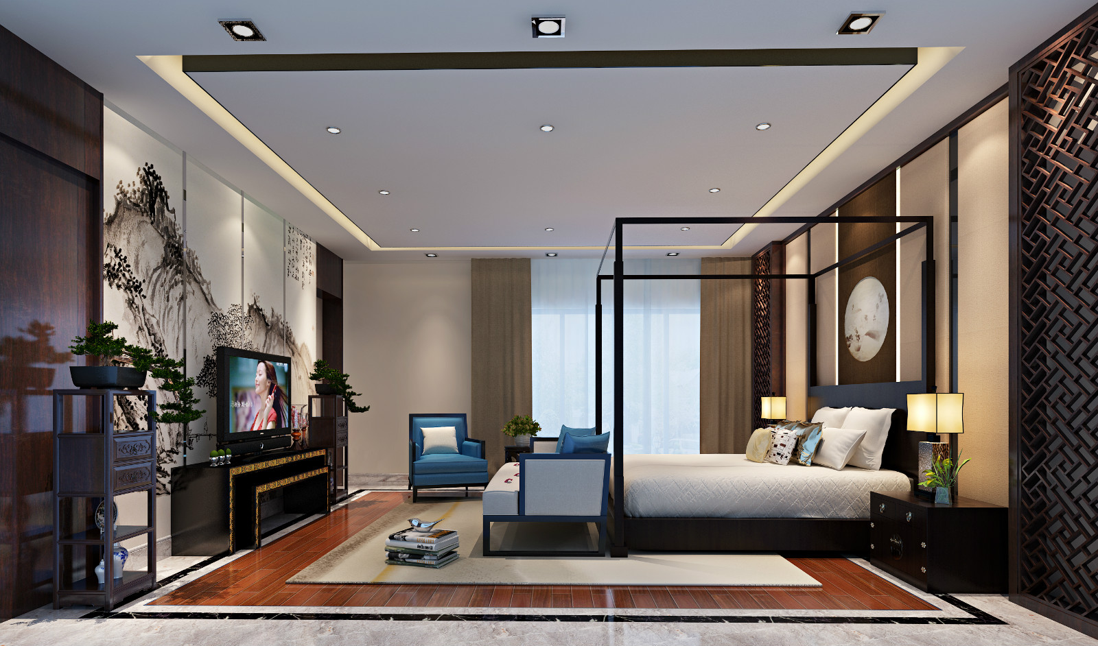 新中式别墅卧室装修效果图