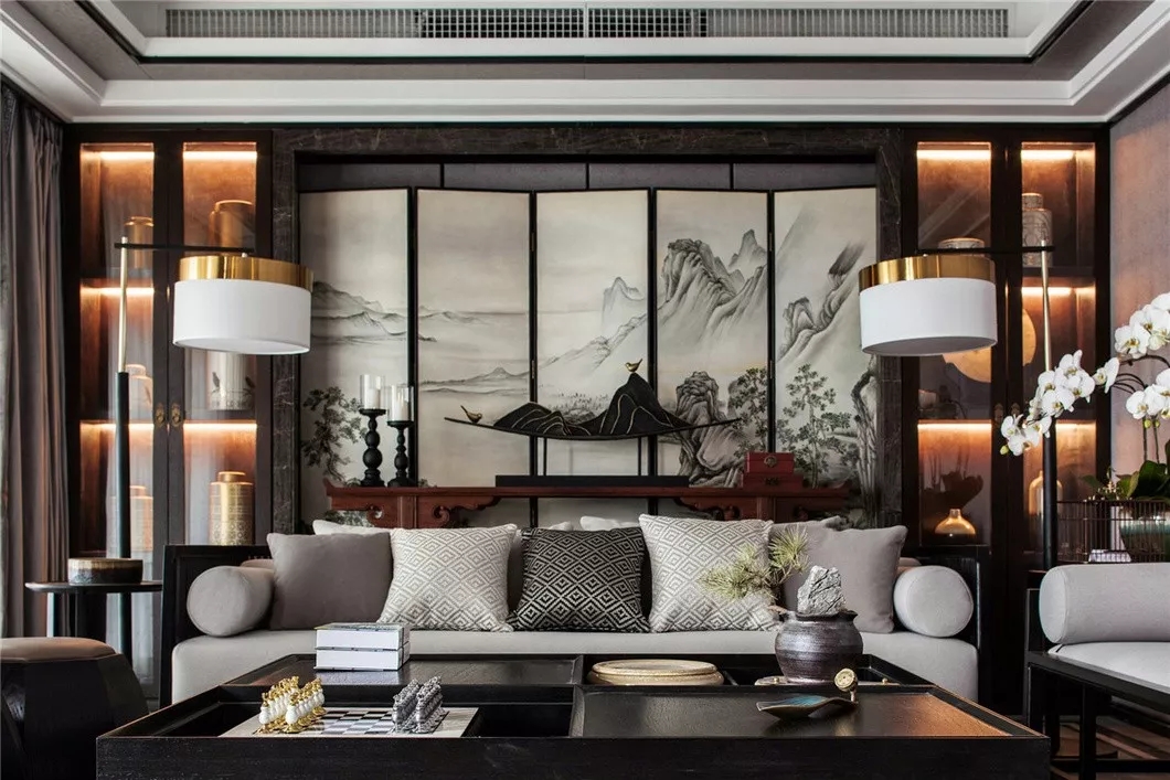 中式别墅装修客厅背景墙实景图 中式别墅装修客厅背景墙实景图