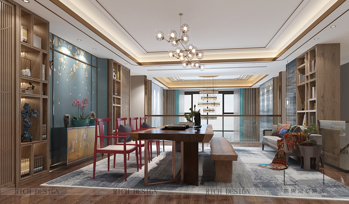 拾乐府中式别墅装修开放式书房效果图